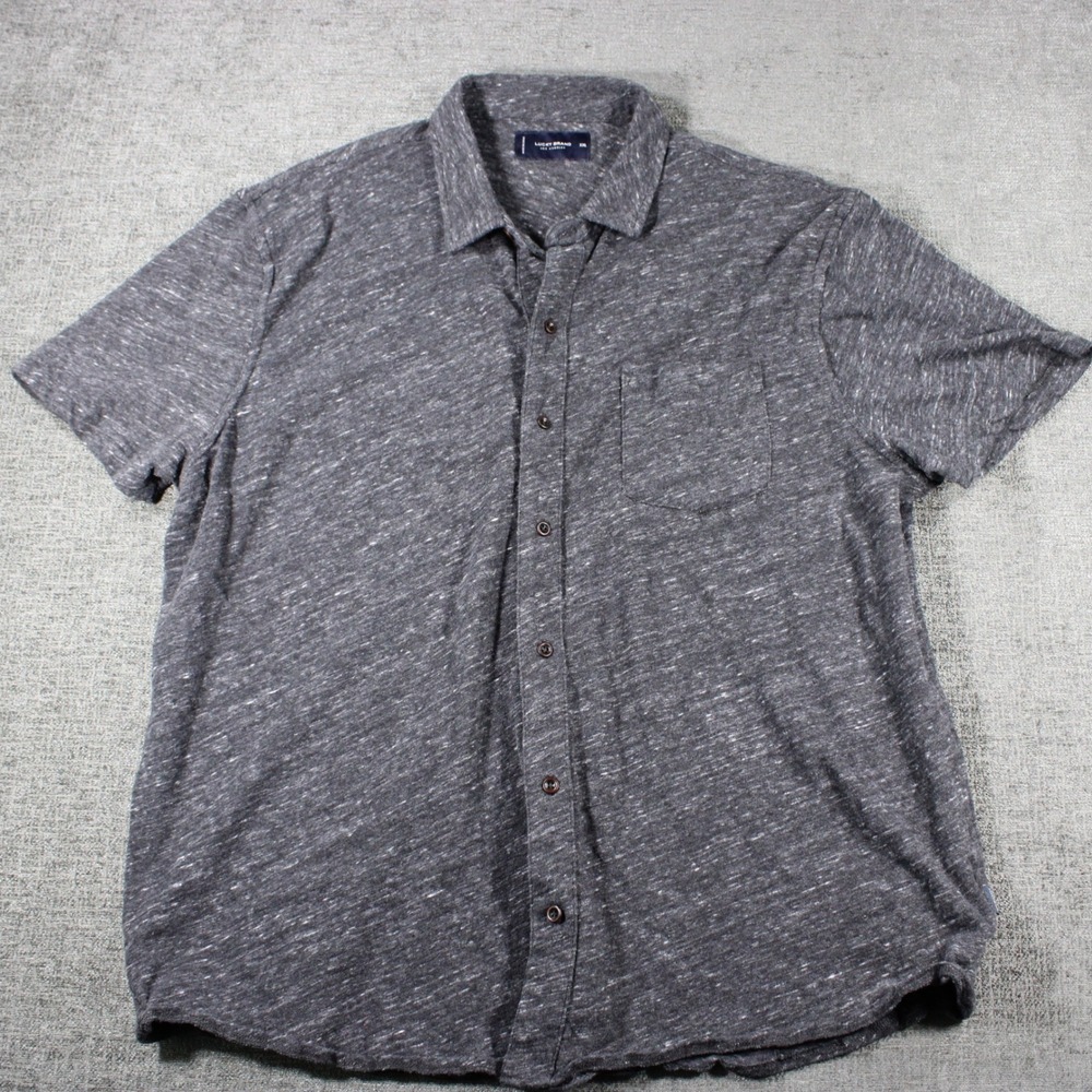 Lucky Brand Mens XXL Gray Marled Slub Knit Short Sleeve Button Down Shirt Pocket